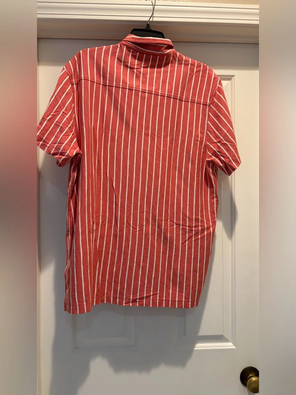 J. Crew peach and White Vertical-Stripe Short-Sleeve Button-Down Shirt